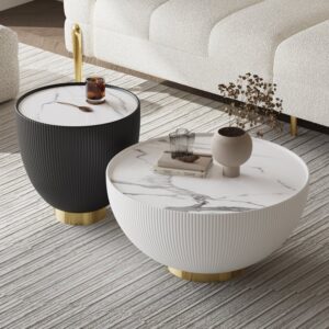 Sintered Stone Coffee Table Set, Drum Shape Modern Set for Living Room (27.6"&18.1")