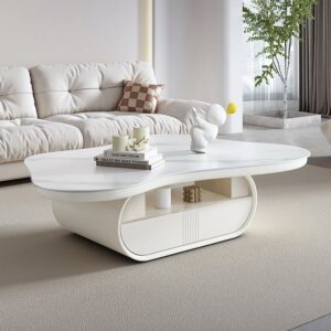Sintered Stone Coffee Table, Cloud Shape White Table with Storage for Living Room (51.2")
