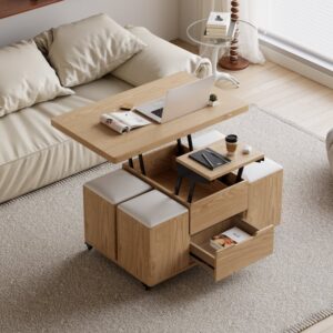 Lift-Top Wood Coffee Table, Natural Modern Table with Stools for Living Room (39.4")