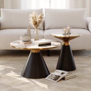 2 Pieces Set Round Black Sintered Stone Top Coffee Table (7.9"-27.6")