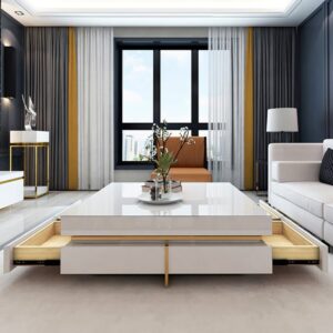 Square Modern Coffee Table, Tempered Glass White Table with Drawers for Living Room (43.3")