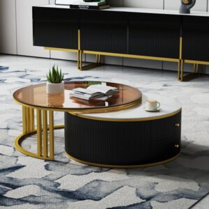 Round Glass Coffee Table, Sintered Stone Black Nesting Table for Living Room (27.6"&31.5")