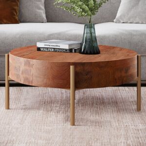 Pine Wood Round Coffee Table for Living Room, Mid-Century Modern Furniture(27.6")