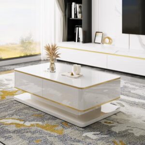 Rectangular White Coffee Table with Storage, Modern Tempered Glass Top Table(51.2")
