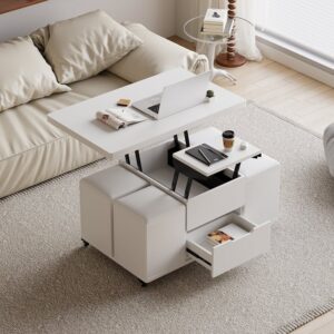 Lift-Top Wood Coffee Table, White Modern Table with Stools for Living Room (39.4")