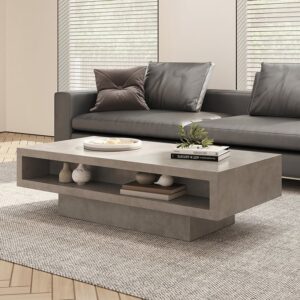 Japandi Wood Rectangle Coffee Table in Concrete Gray with Storage (47.2")