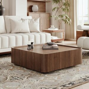Wood Square Coffee Table, Walnut Mid-Century Modern Table with Storage (35.4")