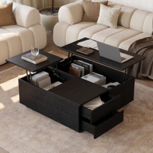 39" Square Lift-Top Travertine Veneer Sintered Stone Coffee Table with Storage