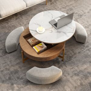 Lift-Top Coffee Table, Round Modern White & Walnut Table with 3 Stools (31.5")