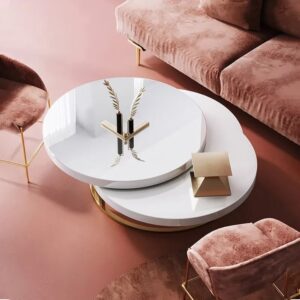 White Round Modern Wood Swivel Coffee Table with Storage Drawer in Gold