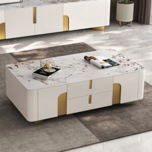 Sintered Stone Rectangle Coffee Table, White Modern Table with Drawers for Living Room (51.2")