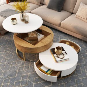 Wood Round Coffee Table, Modern Lift-Top White & Natural Furniture(27.6"&31.5")