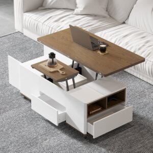 Lift-Top Wood Coffee Table, Walnut & White Modern Furniture for Living Room (47.2")