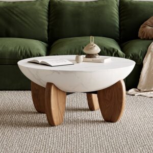 Curva Round Concrete Walnut Coffee Table with Wood Legs