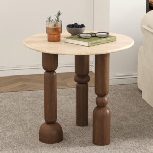 Mid Century Modern Side Table Travertine Top Solid Wood Round End Table with Geometric Legs