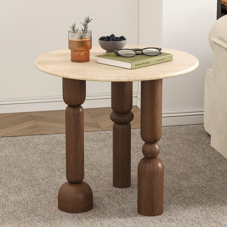 Mid Century Modern Side Table Travertine Top Solid Wood Round End Table with Geometric Legs
