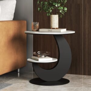 2-Tier White & Gray Side Table, Sintered Stone End Table for Living Room (19.7")