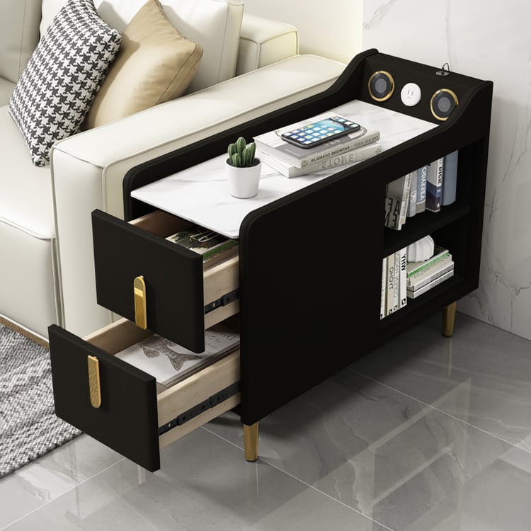 Modern Black Narrow Side Table Sintered Stone Top End Table Speaker & USB Port