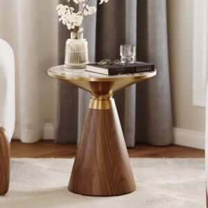 Round Sintered Stone Side Table, Walnut & Gold Frame End Table for Living Room (19.7")