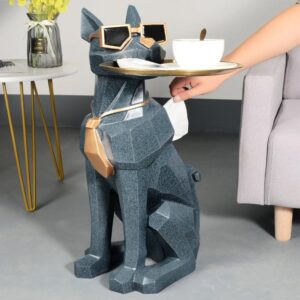 Dog Sculpture Side Table, Modern Blue Decorative End Table with Tray & Tissue Box