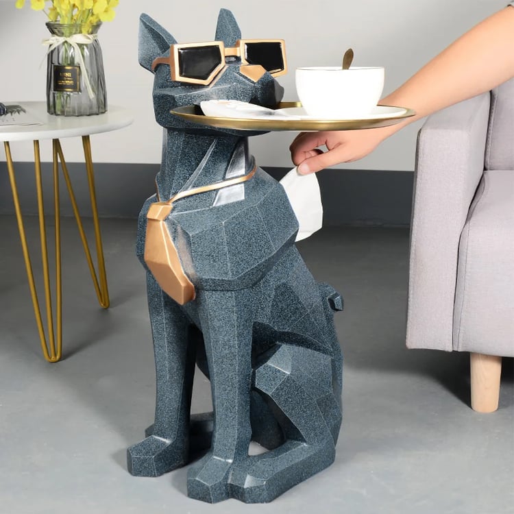 Dog Sculpture Side Table, Modern Blue Decorative End Table with Tray & Tissue Box