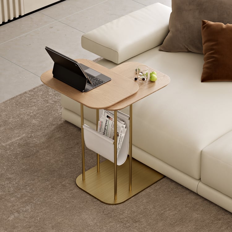 C-Shaped Natural & Gold Rotating Side Table with Storage