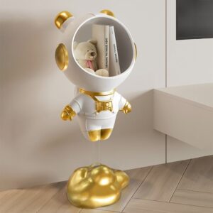 Modern Astronaut Side Table with Storage, Resin Gold Figurine End Table for Living Room