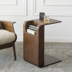 C-Shaped Walnut Side Table with Storage, Wood End Table for Living Room (23.6")