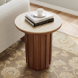 Aura Ash Wood Fluted Walnut Round Side Table with Sintered Stone Top