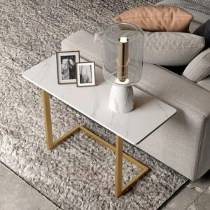 C-Shaped Rectangle Sintered Stone Gold Finish Side Table