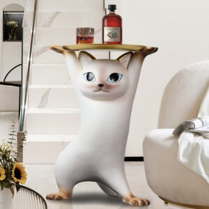 Cat Resin Figurine Side Table with Gold Tray Top for Living Room