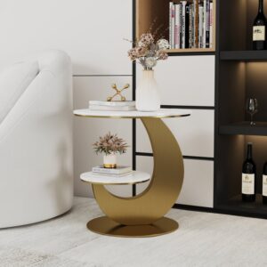 2-Tier White & Gold Side Table, Sintered Stone End Table for Living Room (19.7")