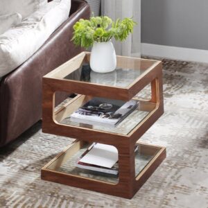Modern Small Chair Side Table for Living Room - Glass & Wood End Table