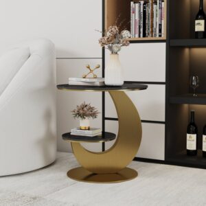 Round Sintered Stone 2-Tier Gold Moon-Shaped Side Table
