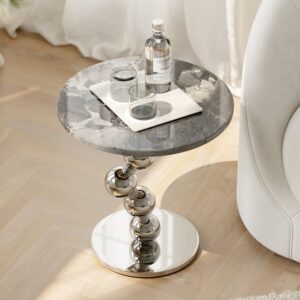 Silver Side Table Round Faux Marble Top Chrome Base