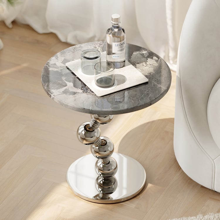 Silver Side Table Round Faux Marble Top Chrome Base