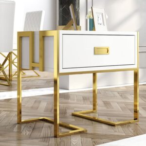 Modern White Side Table Wooden End Table with 1 Drawer & Golden Double Pedestal