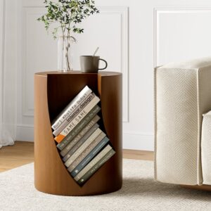 Modern Small Walnut Side Table with Open Storage Round End Table Bedside Table