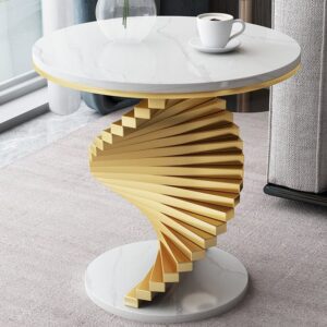 White Faux Marble Side Table, Modern Gold Metal Frame End Table for Living Room (19.7")