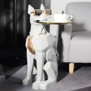Dog Sculpture Side Table, Modern White Decorative End Table with Tray & Tissue Box