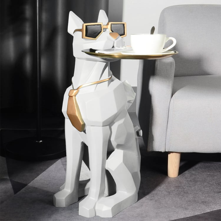 Dog Sculpture Side Table, Modern White Decorative End Table with Tray & Tissue Box