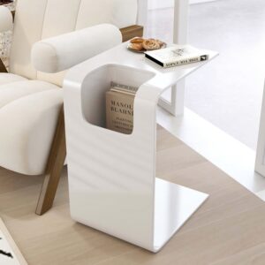 C-Shaped White Side Table with Storage, Modern End Table for Living Room (23.6")