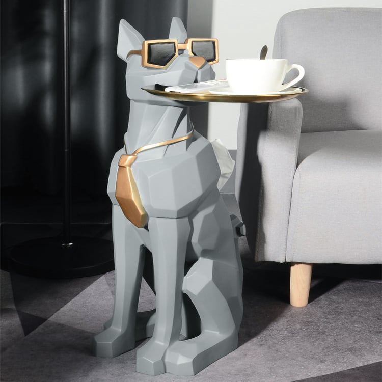 Dog Sculpture Resin Side Table with Tray Top & Tissue Box