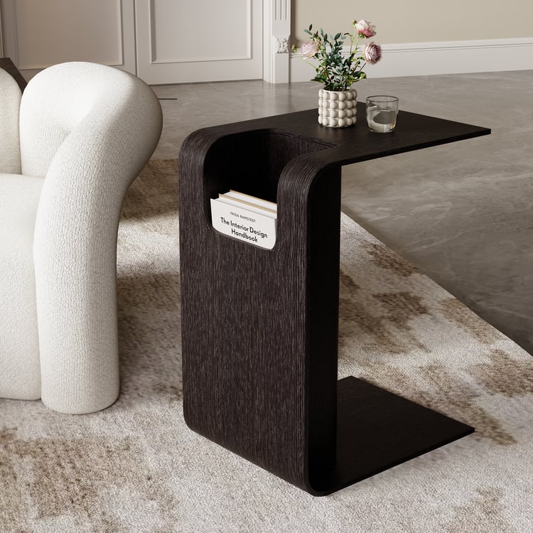 C-Shaped Black Convertible Wood Side Table with Storage