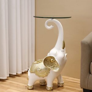 White Elephant Side Table in Gold Finish Modern End Table with Clear Glass Tray Top