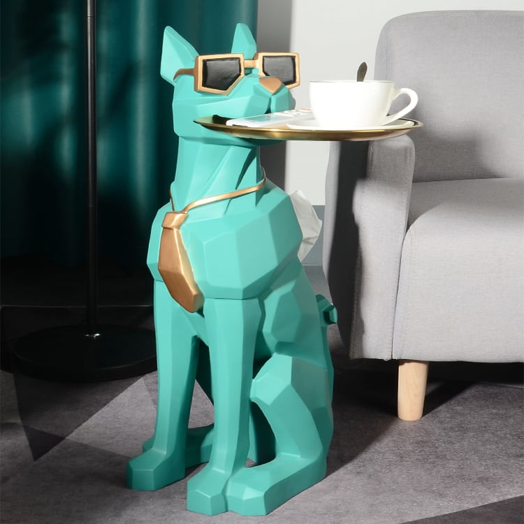 Dog Sculpture Side Table, Modern Green Decorative End Table with Tray & Tissue Box