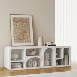 70" Geometric TV Stand, White Media Console with Open Storage and Shelves