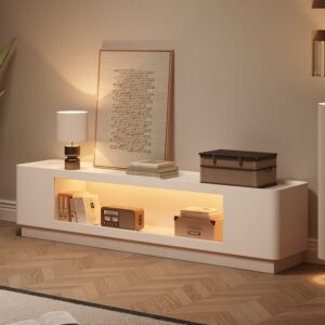 White Glass Door TV Stand with Storage and LED