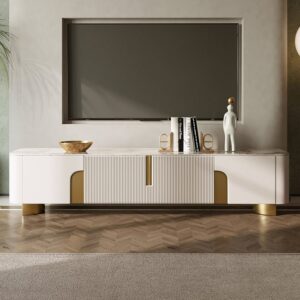 78.7" Modern TV Stand, Stone Top Media Console with 4 Doors in Beige