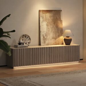 Aura 2130mm Ash Wood Slatted Whitewash TV Stand with Sintered Stone Top